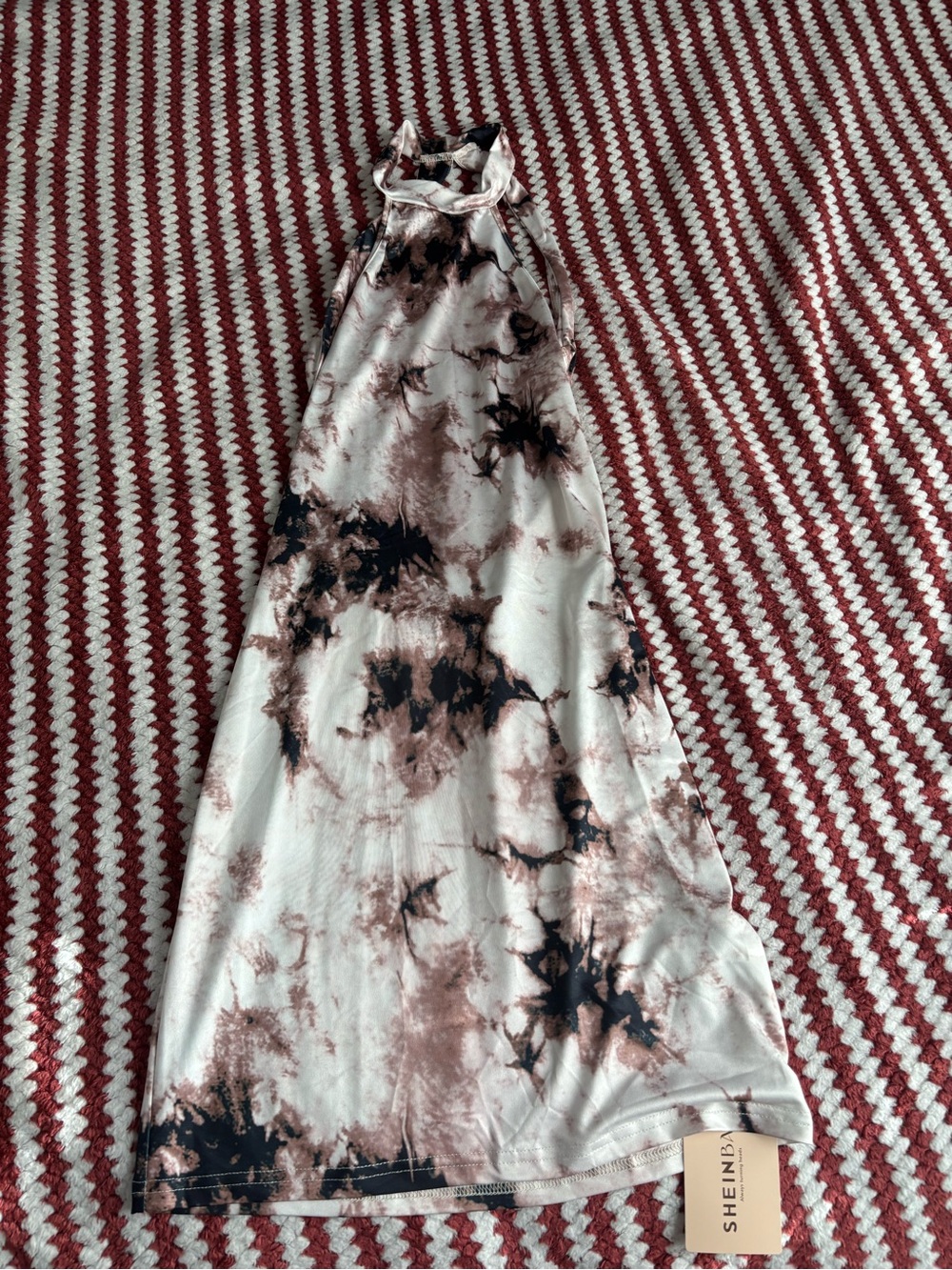 SHEIN White Tie-Dye Halter Dress with Brown and Black Accents